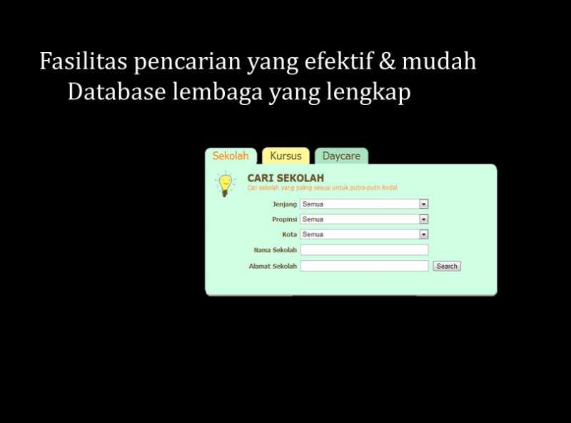 #|#|#Fasilitas pencarian yang kami sediakan sangat efesien dan mudah. Pencarian dilakukan berdasarkan alamat, kota, jenajnag sekolah, biaya, jenis kursus.<br />
Database sekolah, kursus dan dayacare yang akupintar sediakan mencapai 7000 lembaga.|||0.4